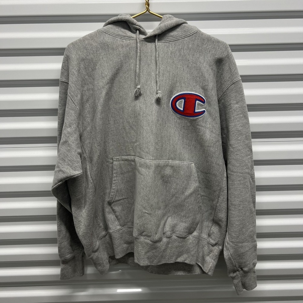 Champion Reverse Weave Hoodie Size Large Mens Gray Big Logo Pullover Sweatshirt — photo 3